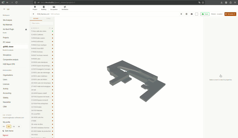 i4o Studio — modélisation 2D/3D et résultats par pièce