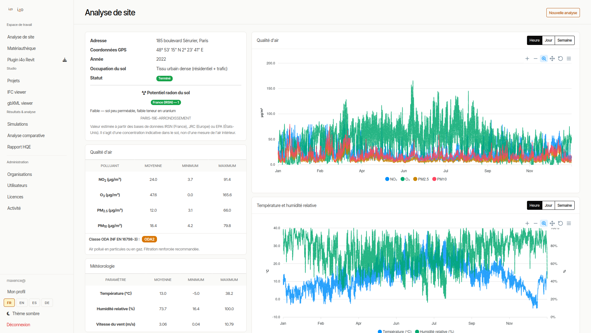 i4o — matériauthèque et analyse de site : données d'air extérieur, météo et radon